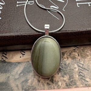 Handmade Oval Gemstone Pendant Necklace Stainless Steel 20”